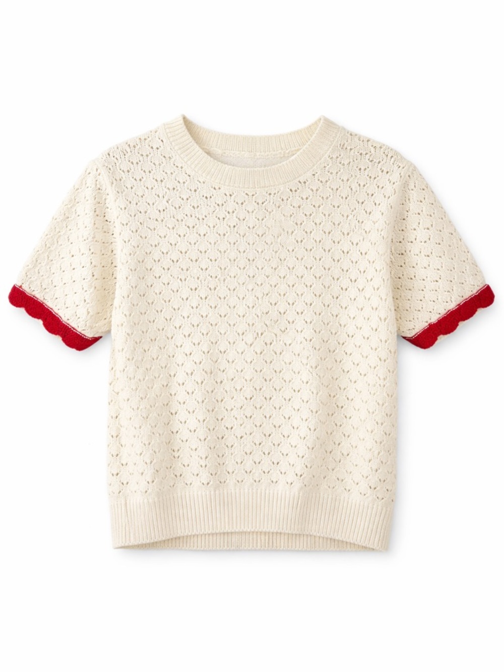 Zara Cream Short Sleeve Eyelet Knit Top with Red Scallop Trim